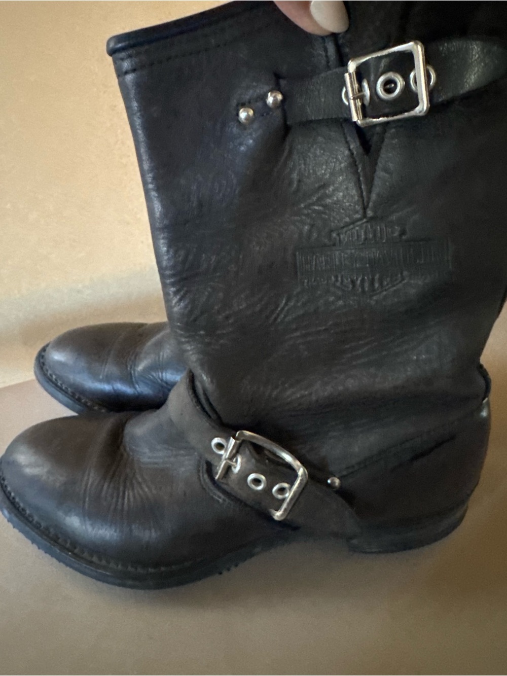 Harley-Davidson Black Leather Biker Boots with Silver Buckles